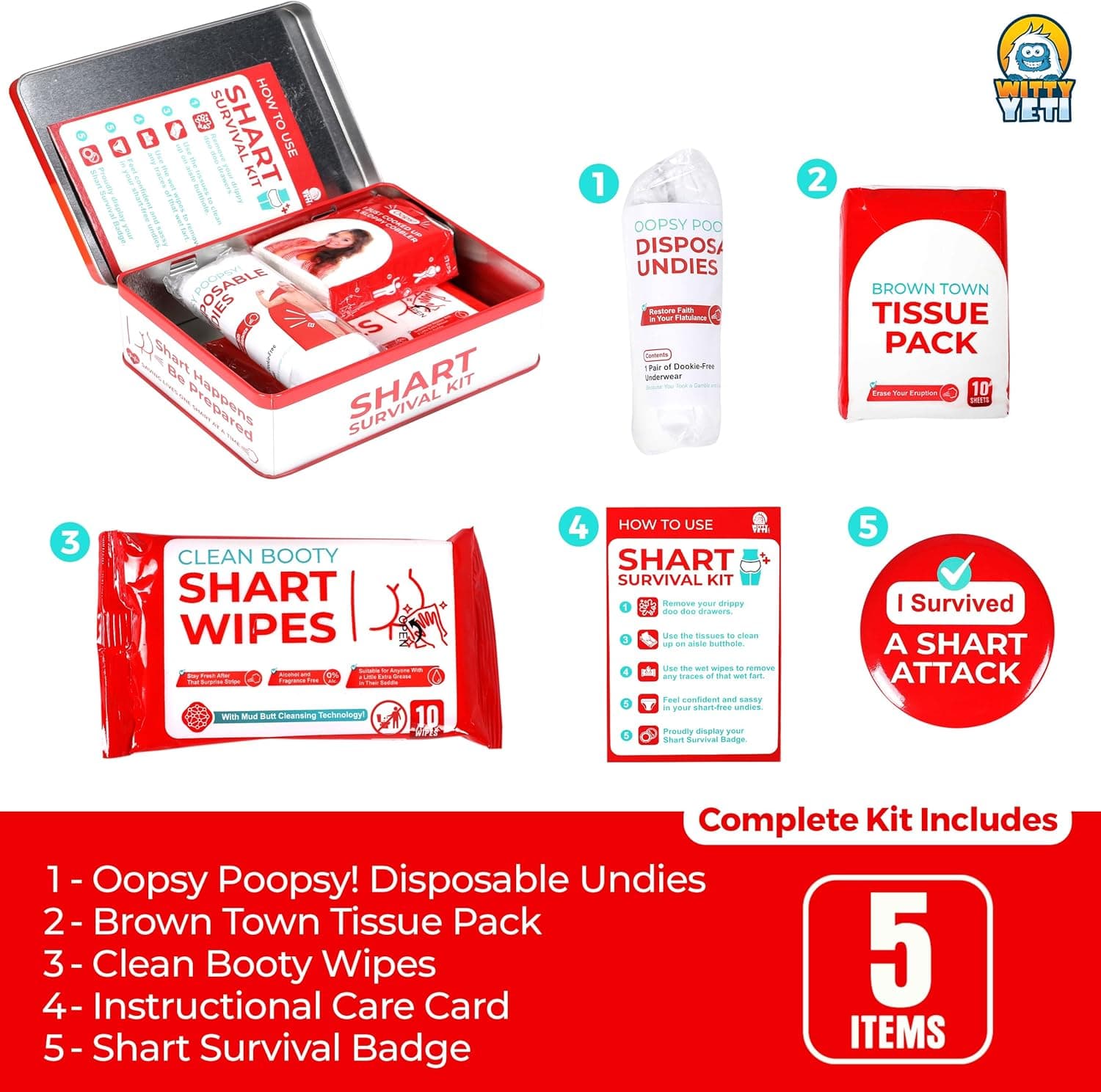 Complete Emergency Shart Kit Contents: Disposable Undies, Tissue Pack, Clean Booty Wipes, Care Card, and Survival Badge